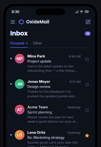 OxideMail mobile preview